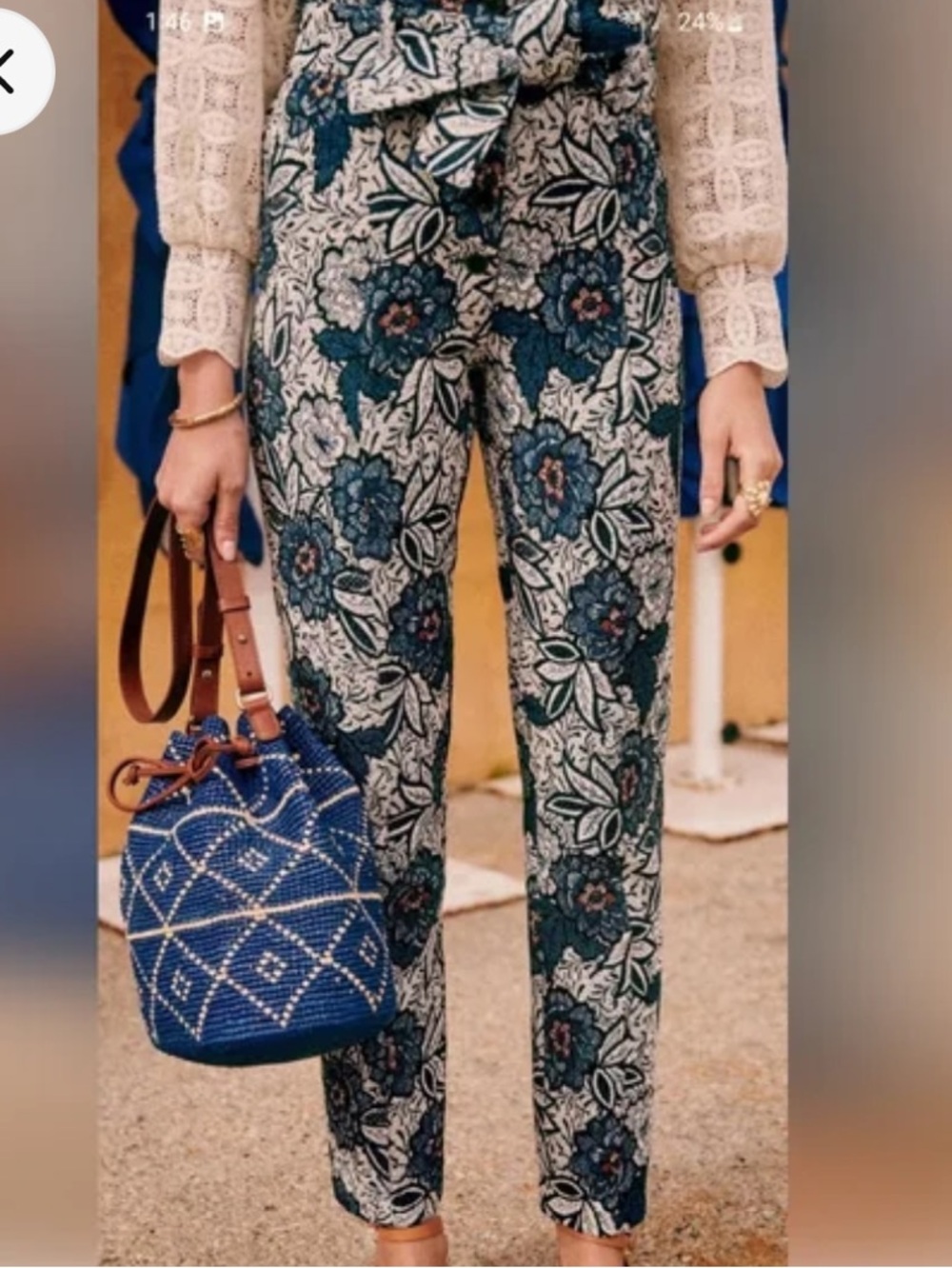 Sezane Women’s Floral Pattern Straight Leg Belt Wrap trousers Blue/White Sz 34
